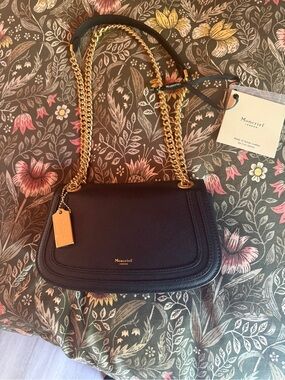 Moncrief Black Pebbled Leather Shoulder Bag with Gold Chain